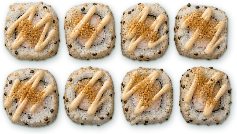 California crevettes spicy : 8 pièces · crevette rose, sauce sriracha, 7 épices