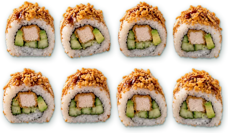 Crunchy poulet : 8 pièces · poulet pané, avocat, concombre, oignons frits, sauce gourmande