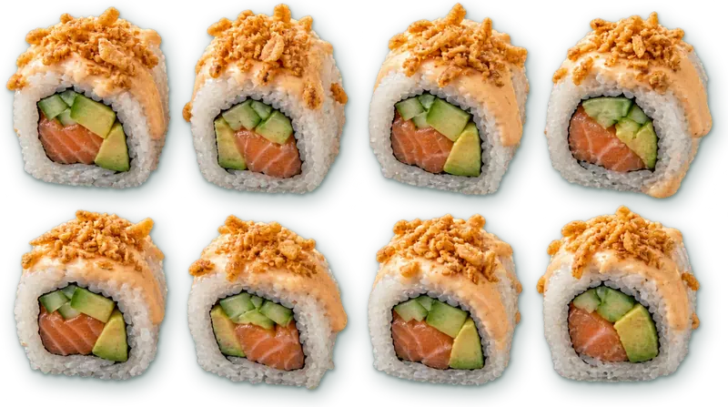 Crunchy saumon : 8 pièces · saumon, avocat, concombre, oignons frits, sauce gourmande
