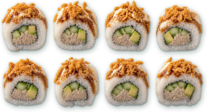 Crunchy thon/mayo : 8 pièces · thon cuit, mayonnaise, avocat, concombre, oignons frits, sauce gourmande