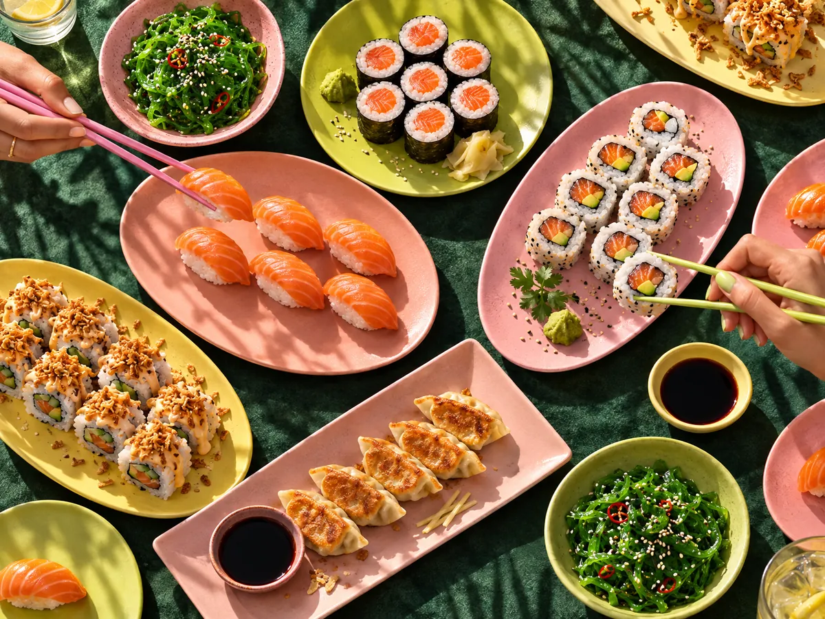 Table d’été vue du dessus : nigiris de saumon, makis, california rolls, crunchy, gyozas et salade wakame sur des assiettes pastel