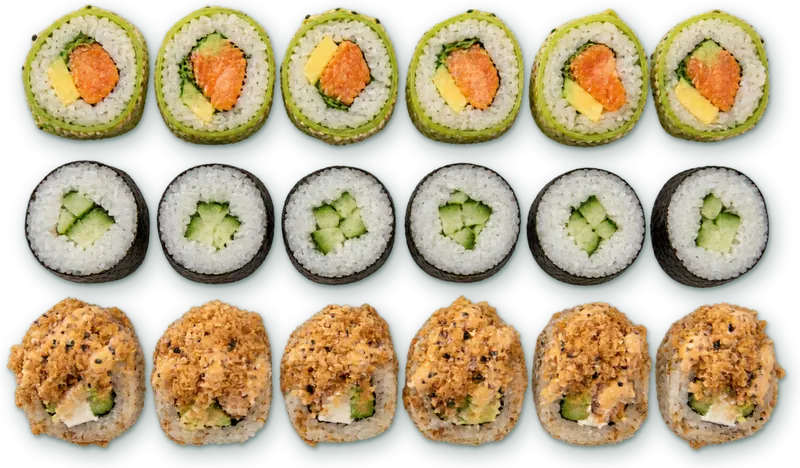 Menu poulet : 6 verde poulet mangue avocat · 6 makis concombre · 6 crunchy poulet cheese avocat concombre