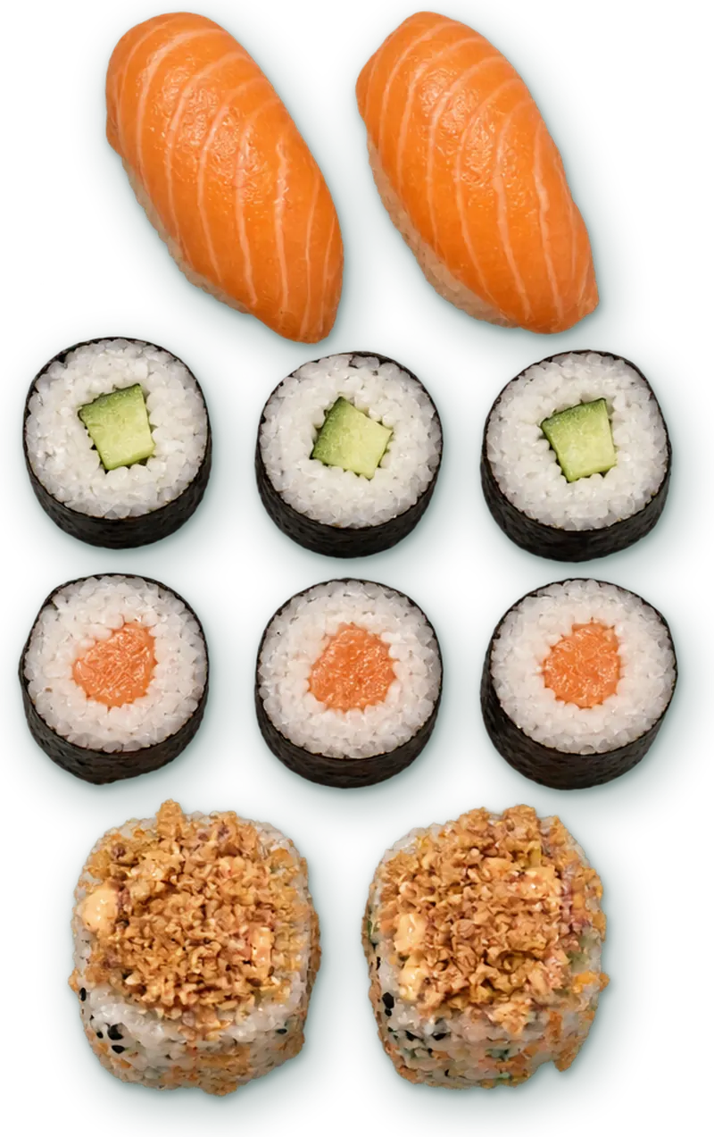 Menu mini Paragon 3 : 2 sushis saumon · 3 makis concombre · 3 makis saumon · 2 crispy surimi