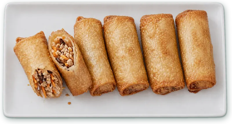 Nems porc : Porc haché · vermicelles de riz, carottes, champignons noirs · frits