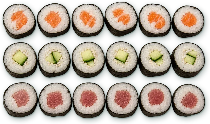 Paragon mix : 6 makis saumon · 6 makis concombre sésame · 6 makis thon albacore