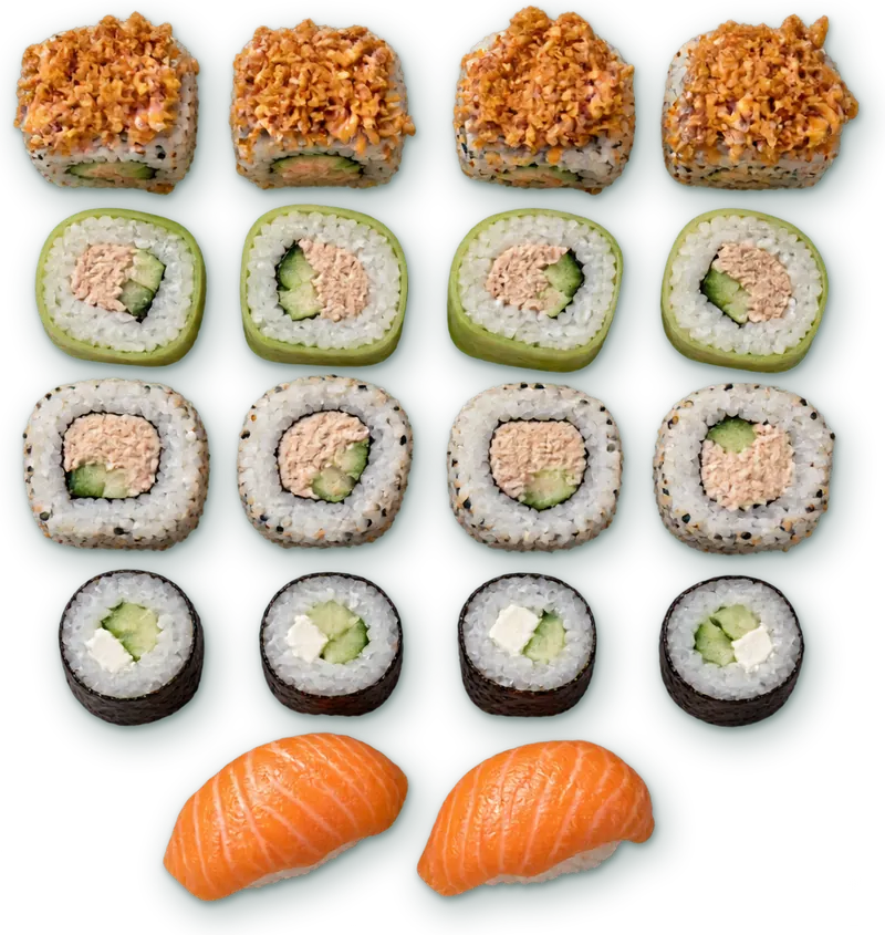 Menu Paragon Set 7 : 4 crispy · 4 verde thon cuit concombre · 4 california thon cuit mayo · 4 makis concombre cheese · 2 sushis saumon
