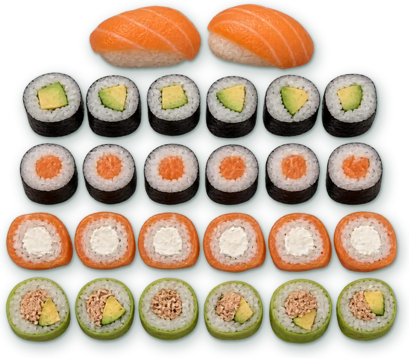 Menu Paragon Set 8 : 2 sushis saumon · 6 makis avocat · 6 makis saumon · 6 roll & cheese · 6 verde thon cuit