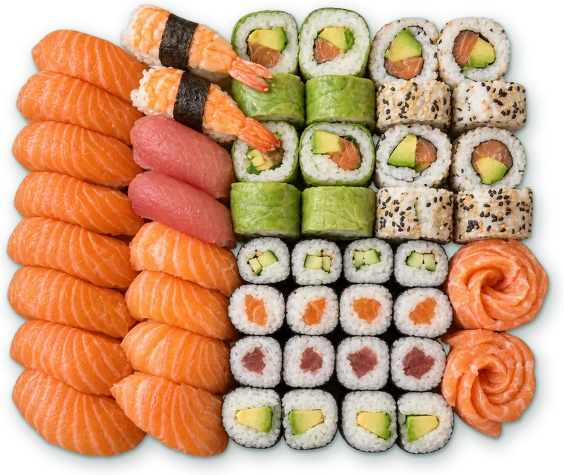 Plateau Giant · 52 pièces : 8 sashimis saumon · 12 sushis saumon · 2 sushis thon · 2 sushis crevette · 4 makis saumon · 4 makis concombre · 4 makis avocat · 4 makis thon · 8 verde saumon · 8 california saumon avocat