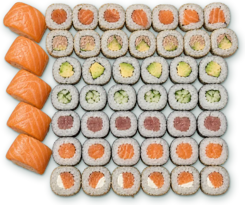 Plateau Hanami · 46 pièces : 8 california saumon avocat · 8 california thon mayo avocat · 6 makis avocat · 6 makis concombre · 6 makis thon · 6 makis saumon · 6 rolls saumon cheese