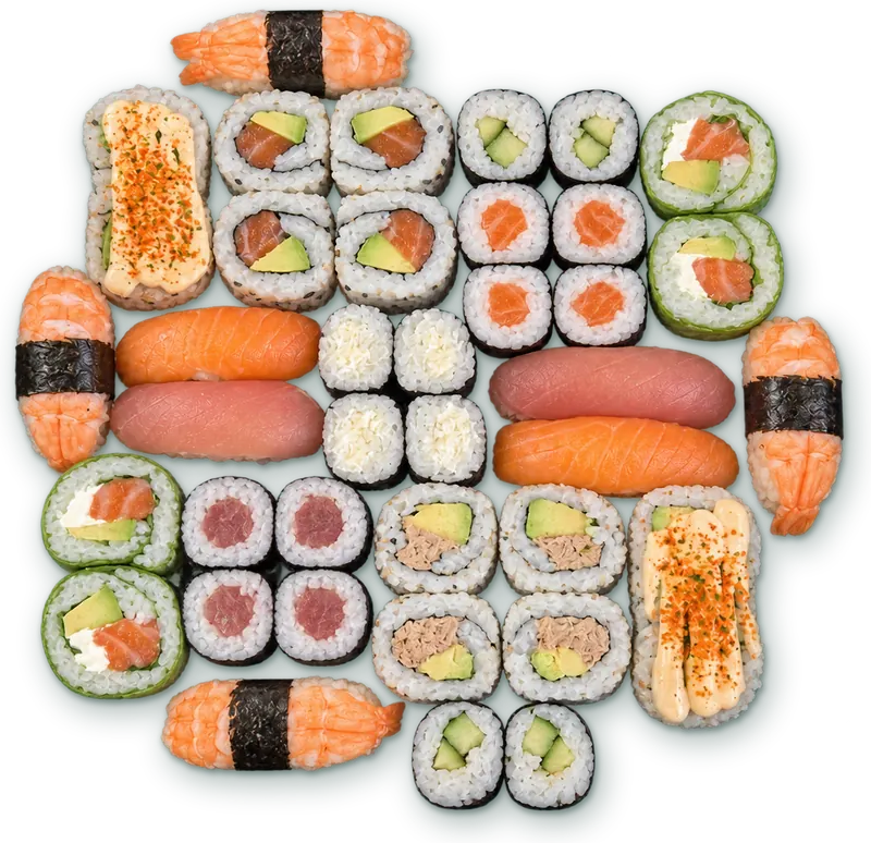 Plateau Samurai · 38 pièces : 2 sushis saumon · 2 sushis thon · 2 sushis crevette · 4 verde saumon cheese · 4 california saumon avocat · 4 california crispy surimi · 4 california thon mayo · 4 makis thon · 4 makis saumon