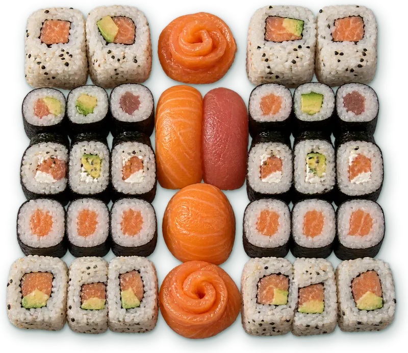 Plateau Somo · 40 pièces : 5 sushis saumon · 5 sushis thon · 6 makis thon · 4 roll & cheese · 6 makis saumon · 8 california saumon avocat · 6 spring rolls saumon avocat