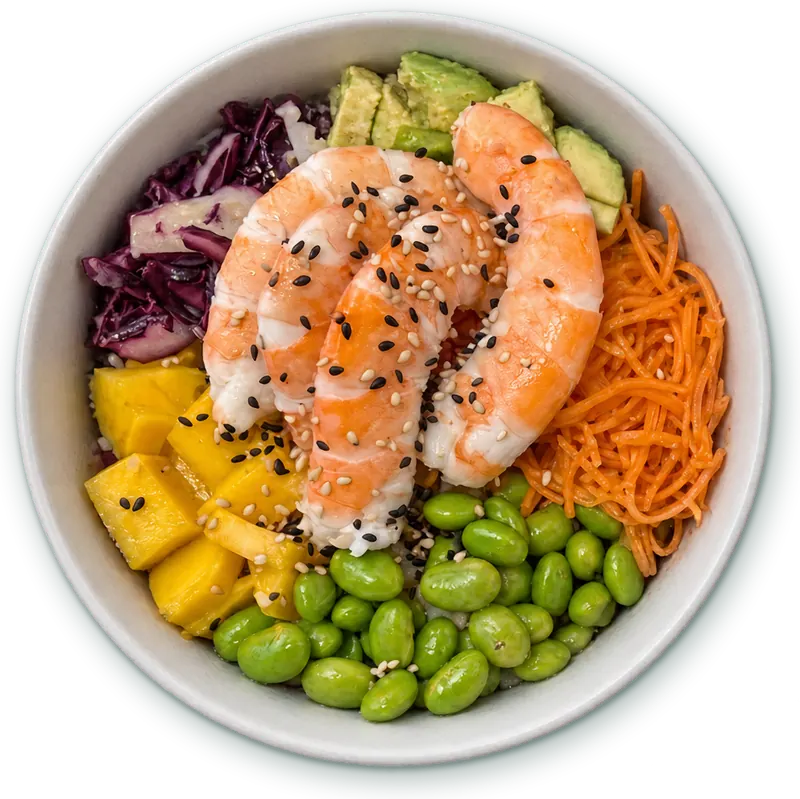 Poke ball crevettes : Crevettes marinées, riz vinaigré · edamame, avocat, chou rouge, carottes, sésame