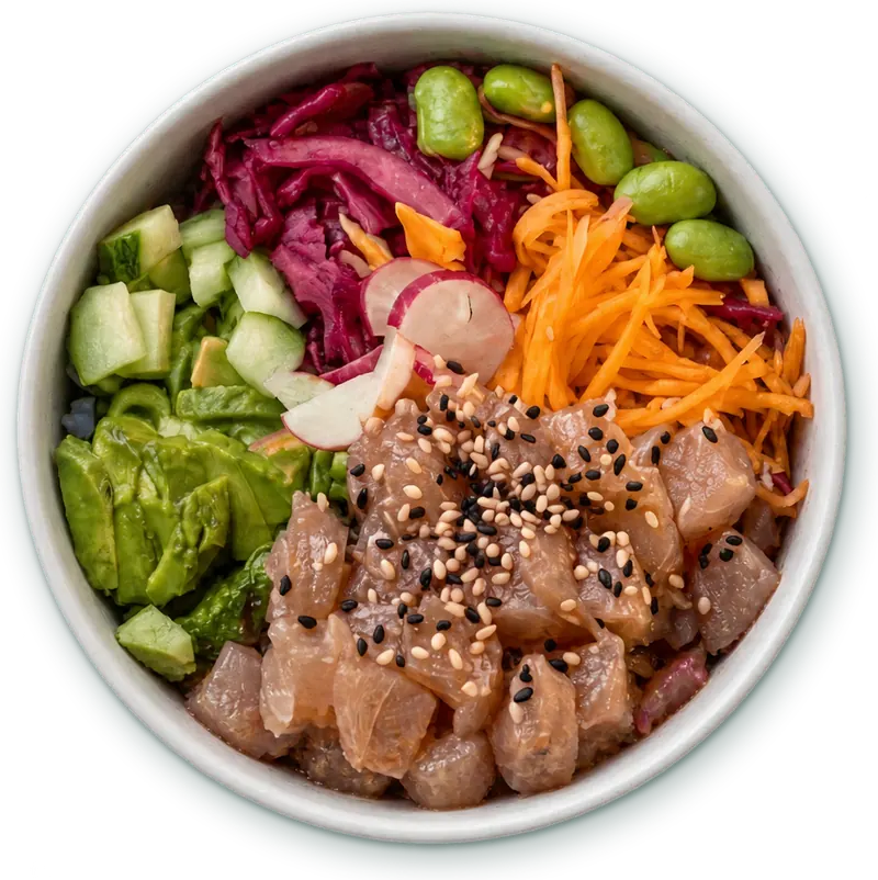 Poke ball thon : Thon cru mariné, riz vinaigré · edamame, avocat, chou rouge, carottes, sésame