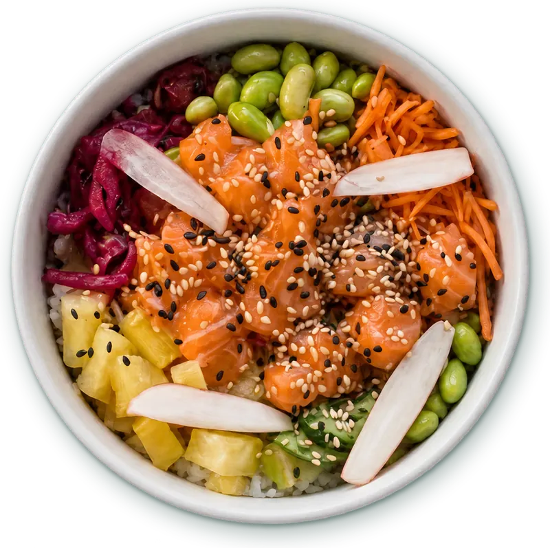 Poke bowl saumon ananas : Saumon cru mariné, riz vinaigré · edamame, avocat, ananas, chou rouge, carottes, sésame
