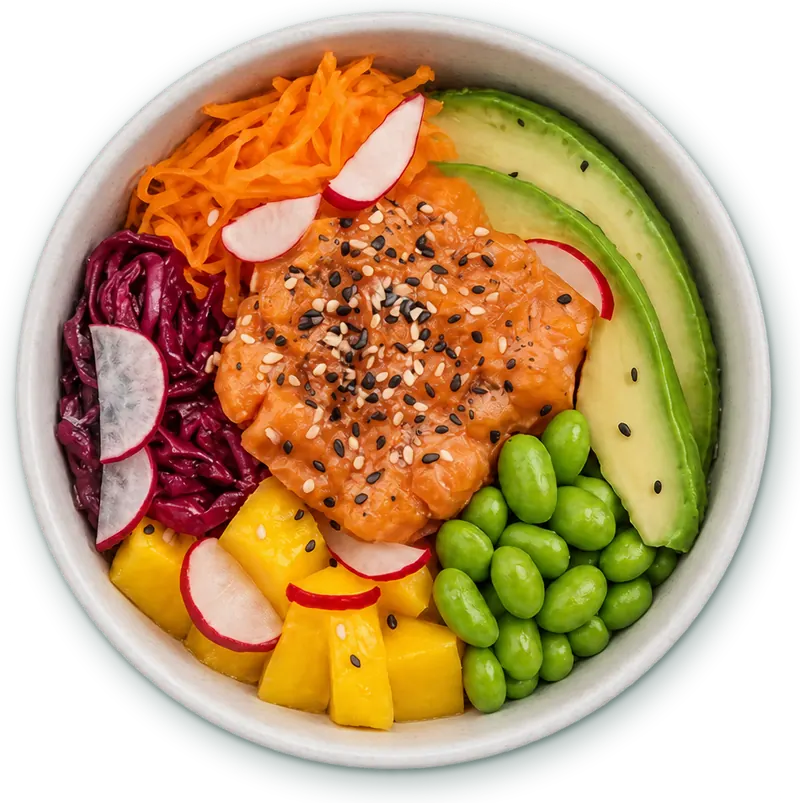 Poke bowl saumon mangue : Saumon cru mariné, riz vinaigré · edamame, avocat, mangue, carottes, radis, chou rouge, sésame