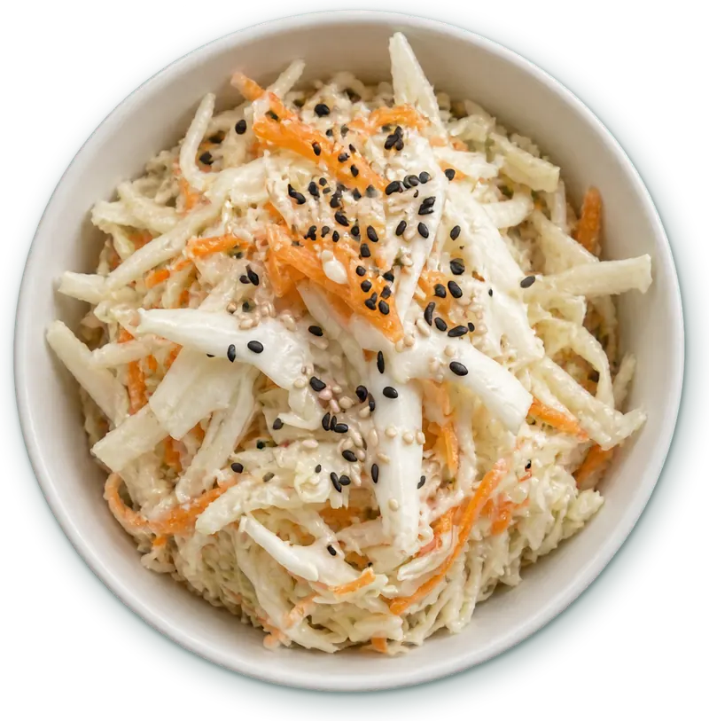 Salade de choux : Chou blanc émincé · vinaigrette acidulée, graines de sésame