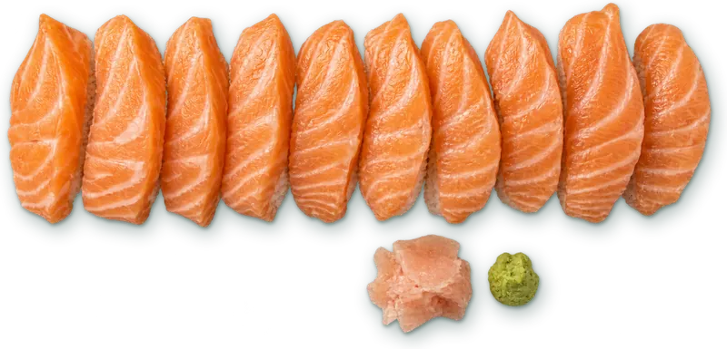Sashimi saumon : Tranches de saumon cru · sauce soja, wasabi, gingembre