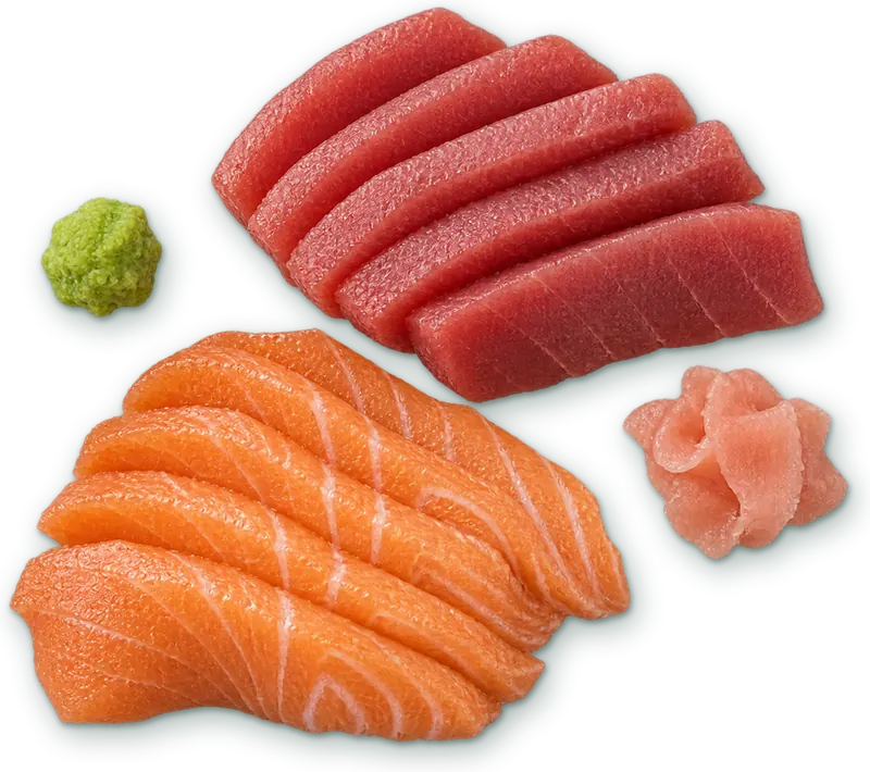 Sashimi thon/saumon : Tranches de thon et saumon crus · sauce soja, wasabi, gingembre